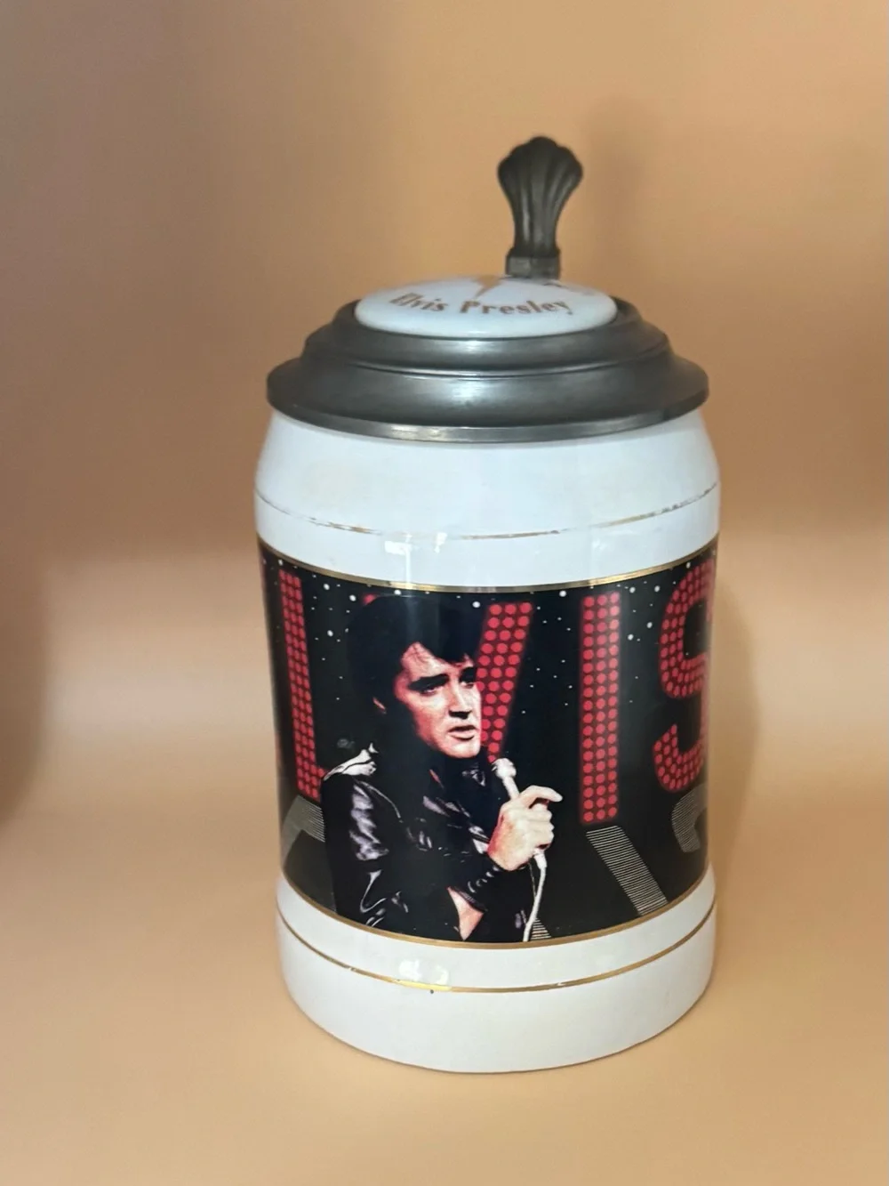 White and Black Ceramic Stein with Pewter Lid - Elvis Design